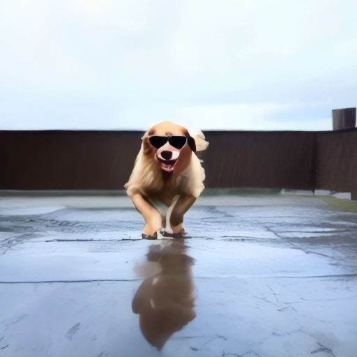 a cute golden retriever wearing sunglasses and running outside in the rain